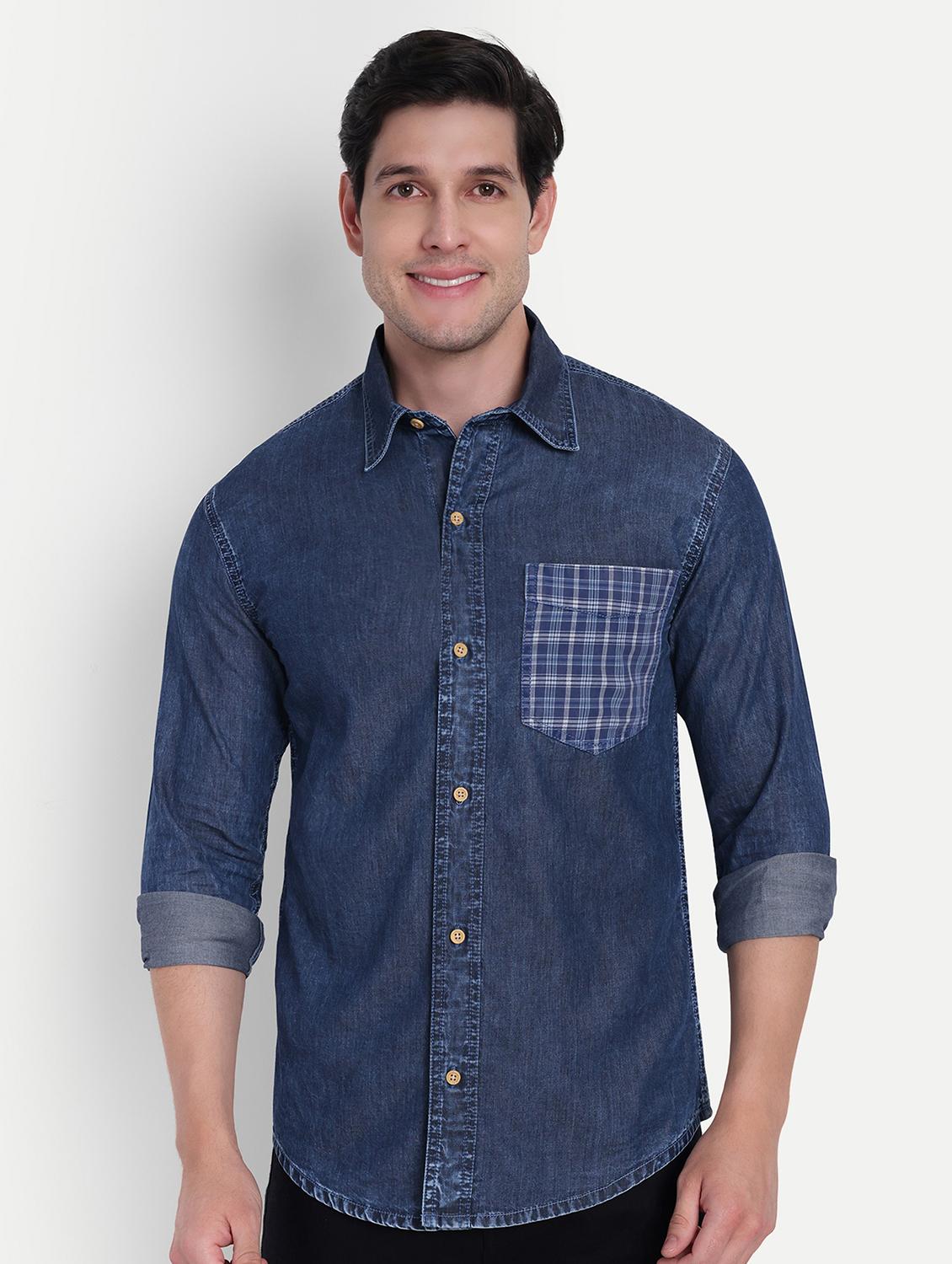 men solid collared long sleeves denim shirt