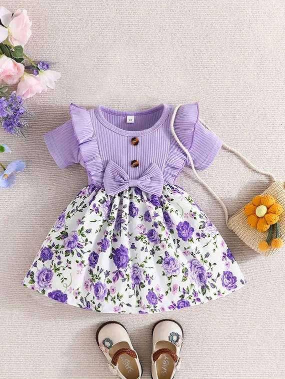 girls lavender floral printed round neck frock