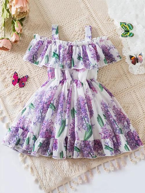 girls lavender floral printed square neck frock - 21916294 -  Standard Image - 0
