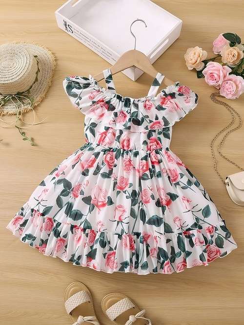 girls floral printed square neck frock