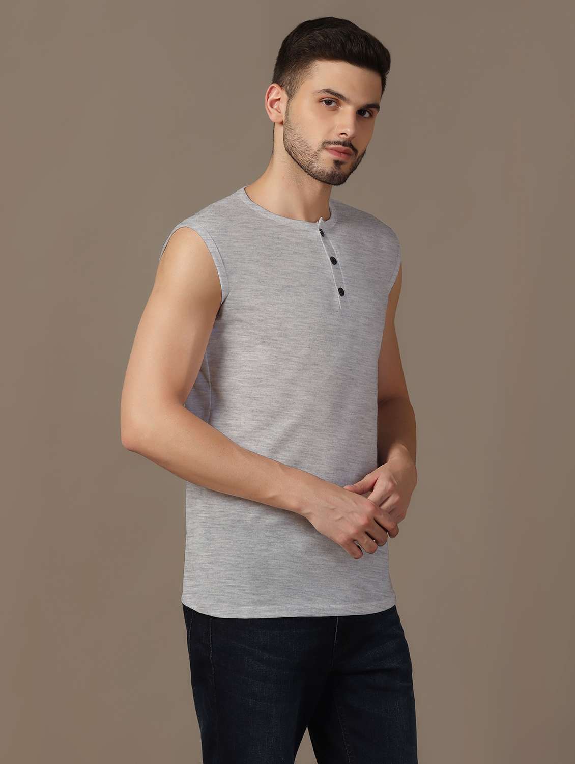men grey solid sleeveless slim fit t-shirt - 21916310 -  Standard Image - 1