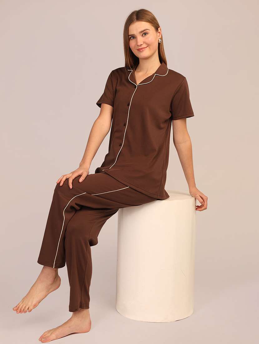 women solid nightwear pyjama set