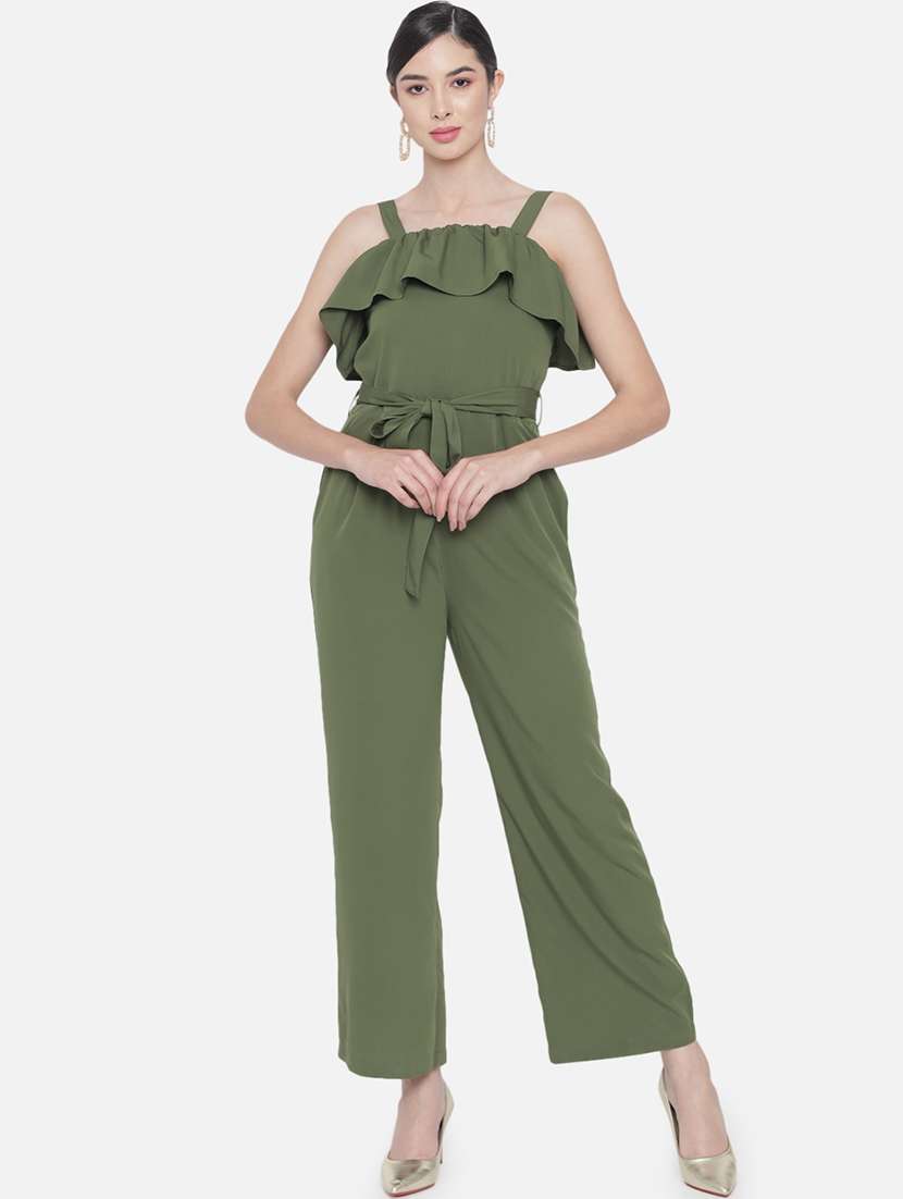 women solid shoulder strap full length jumpsuit
