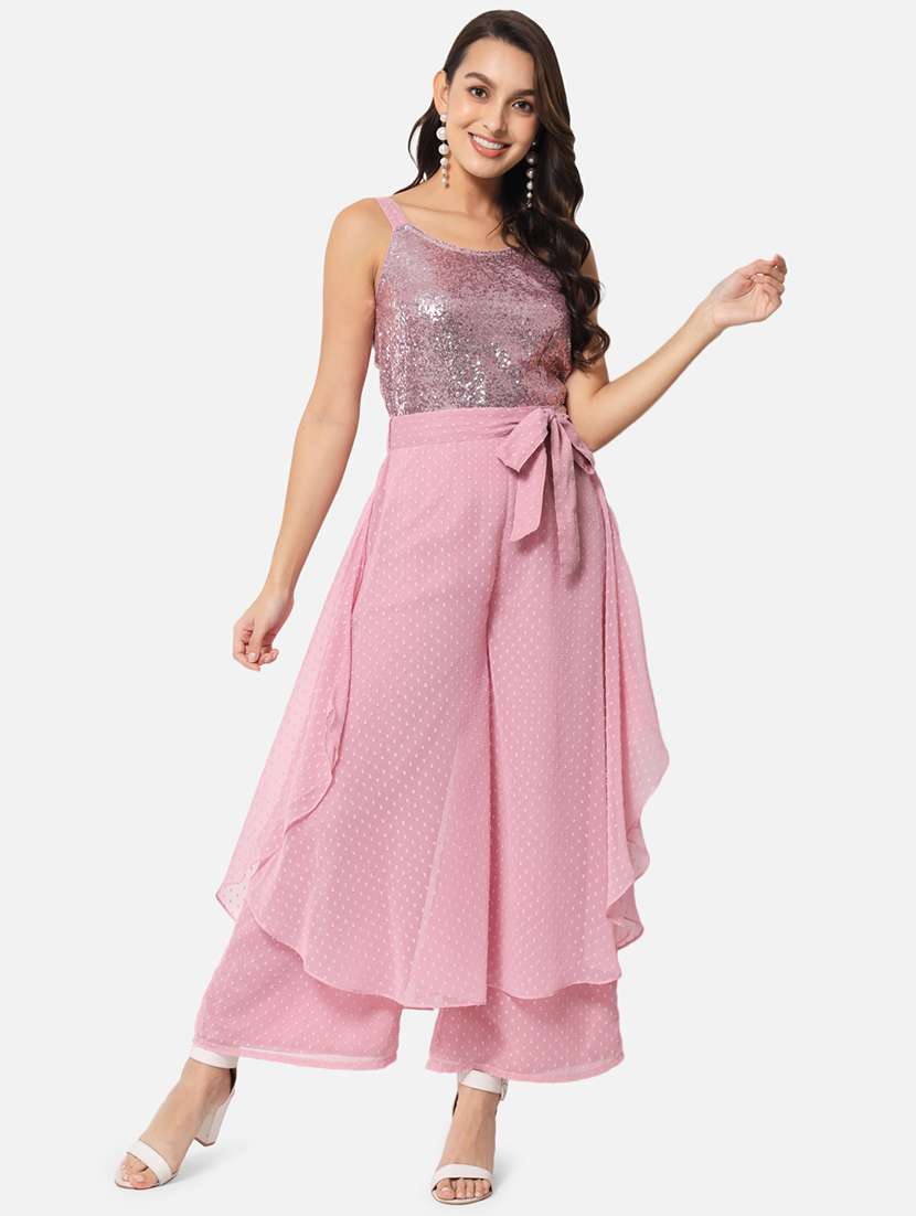 women sequined shoulder strap layered jumpsuit