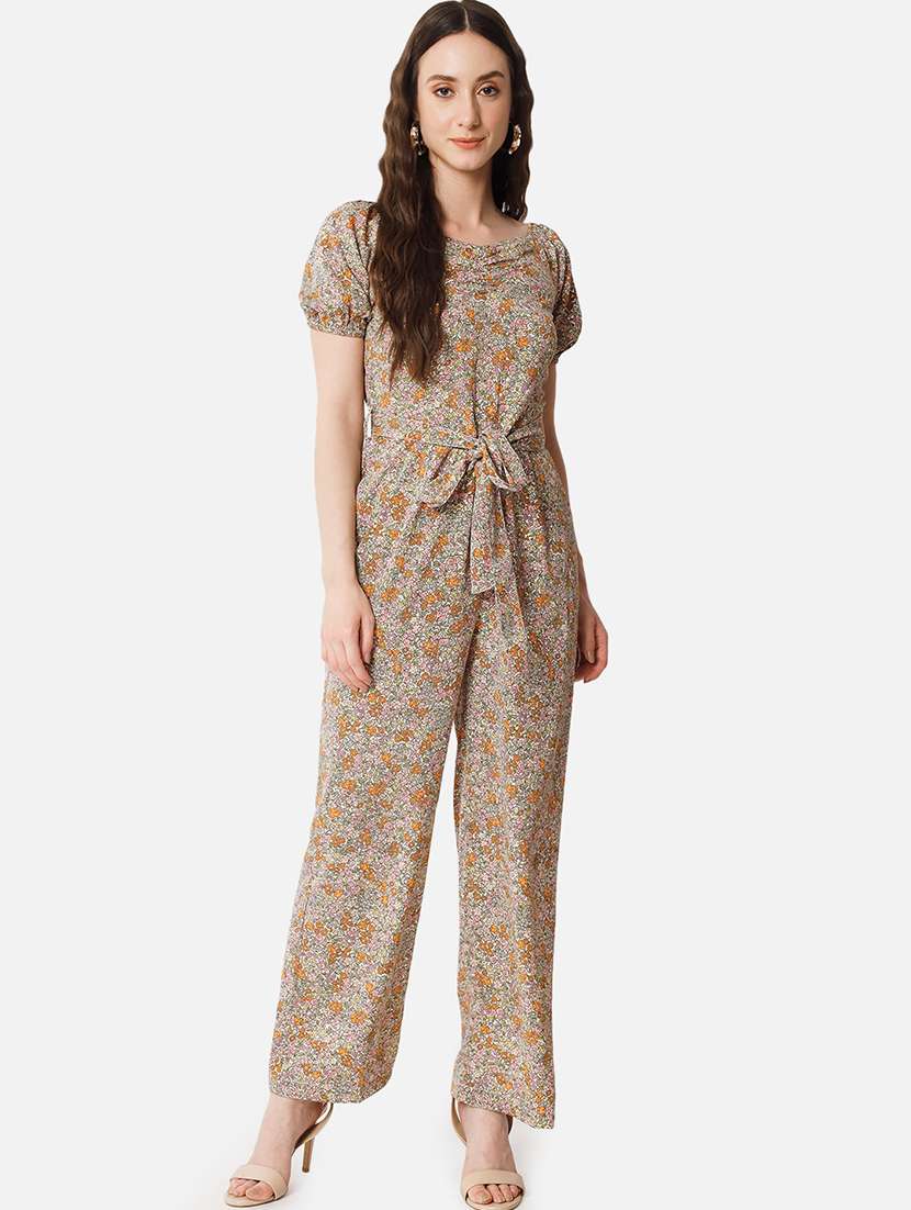 women floral printed puff sleeves jumpsuit