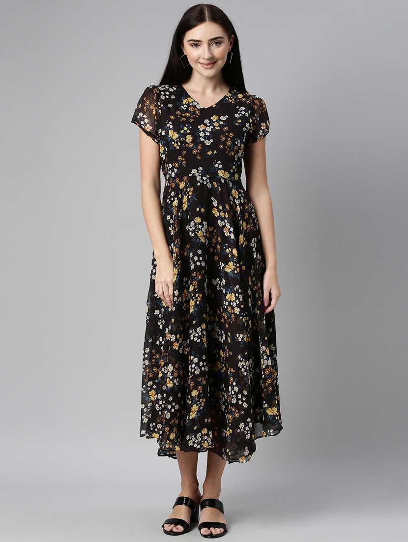 women black floral printed short sleeve fit & flare dress - 21916454 -  Standard Image - 1
