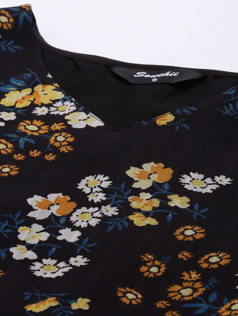 women black floral printed short sleeve fit & flare dress - 21916454 -  Standard Image - 6