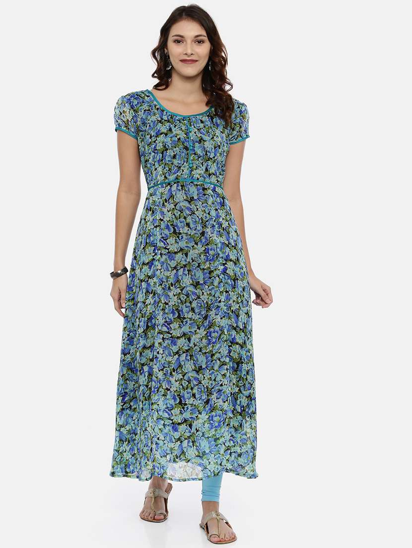 women blue floral printed short sleeve a-line kurta
