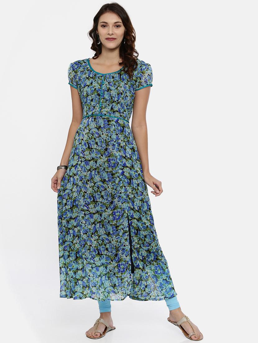 women blue floral printed short sleeve a-line kurta - 21916455 - Standard Image - 1