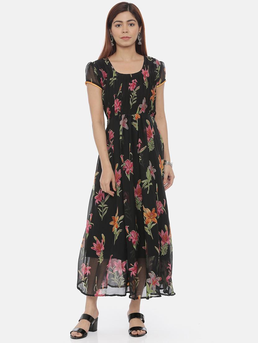 women black floral printed short sleeve fit & flare dress - 21916456 - Zoom Image - 0