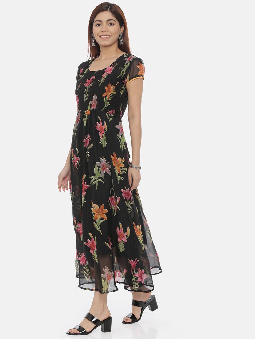 women black floral printed short sleeve fit & flare dress - 21916456 -  Standard Image - 1