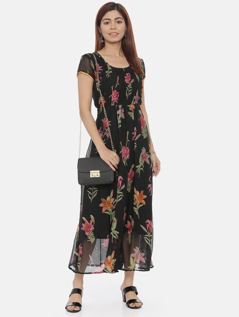 women black floral printed short sleeve fit & flare dress - 21916456 - Standard Image - 4