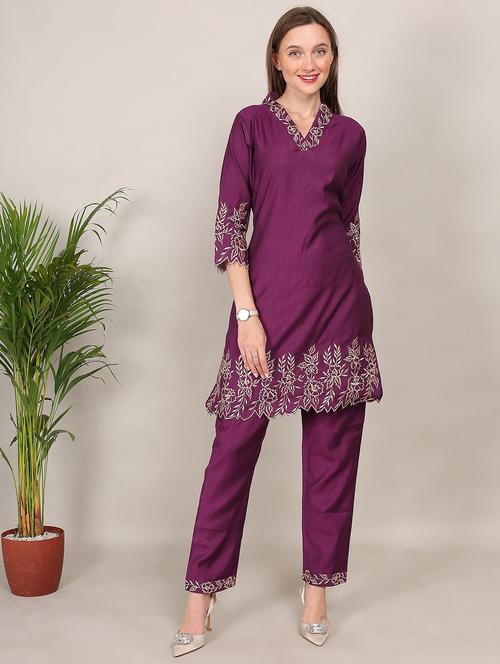 women embroidered three quarter sleeve ethnic co-ord set - 21916457 -  Standard Image - 0