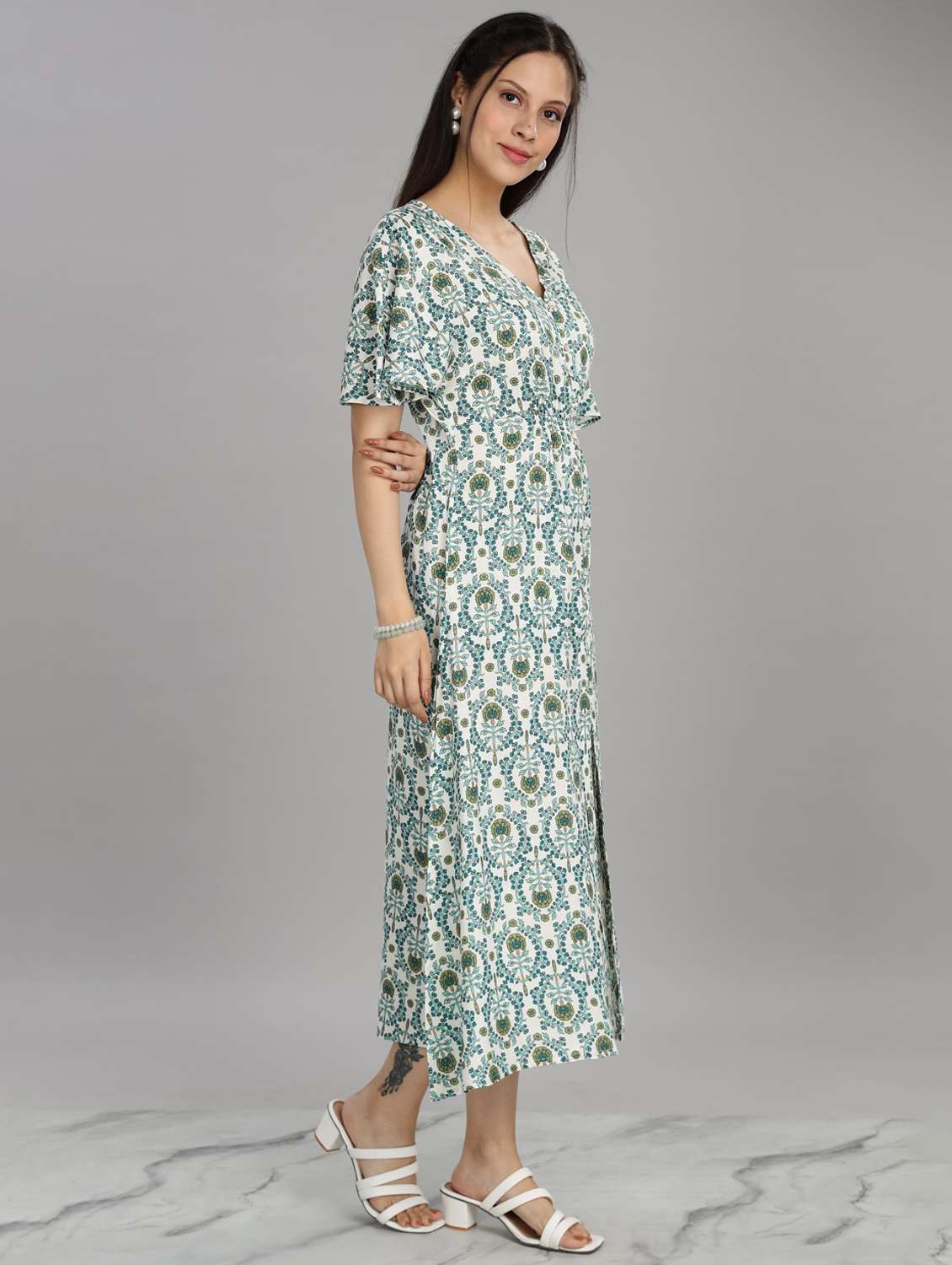 women white floral printed high slit ethnic dress - 21916488 -  Standard Image - 1