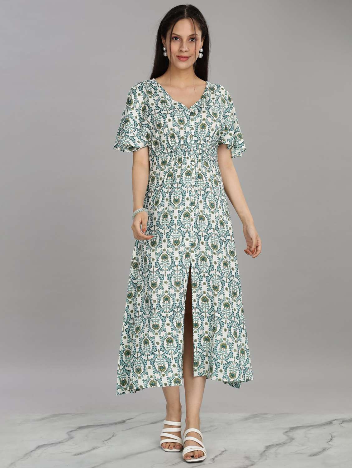 women white floral printed high slit ethnic dress - 21916488 -  Standard Image - 4