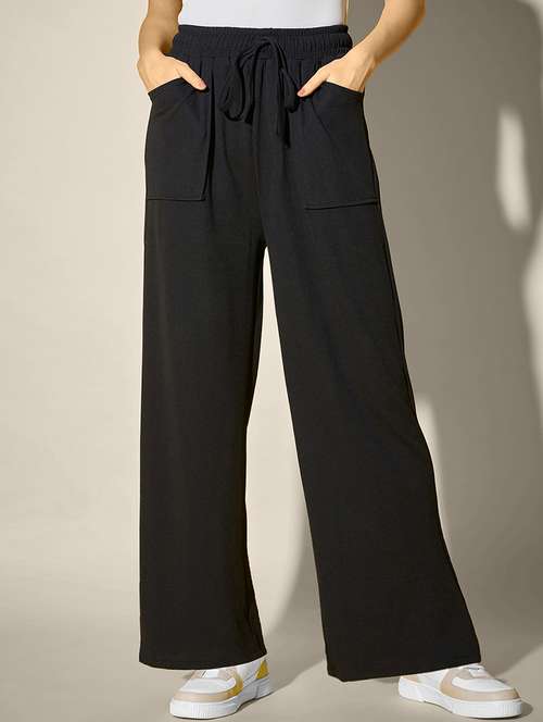 women solid high rise wide leg trouser