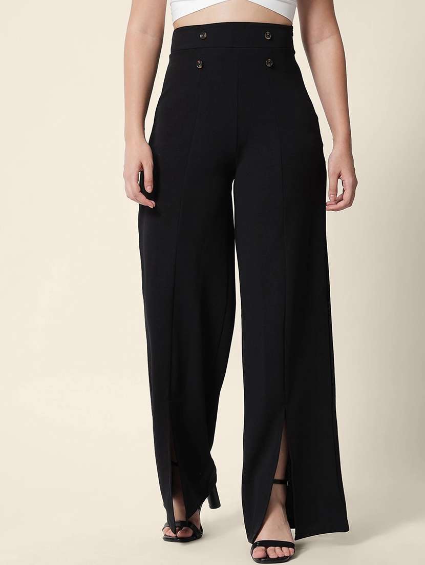 women solid high rise wide leg trouser