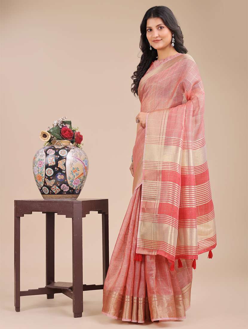 women checkered bordered saree with blouse - 21916605 -  Standard Image - 1