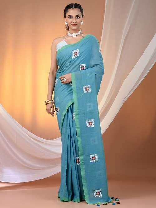 women blue embroidered saree with blouse - 21916655 - Standard Image - 0