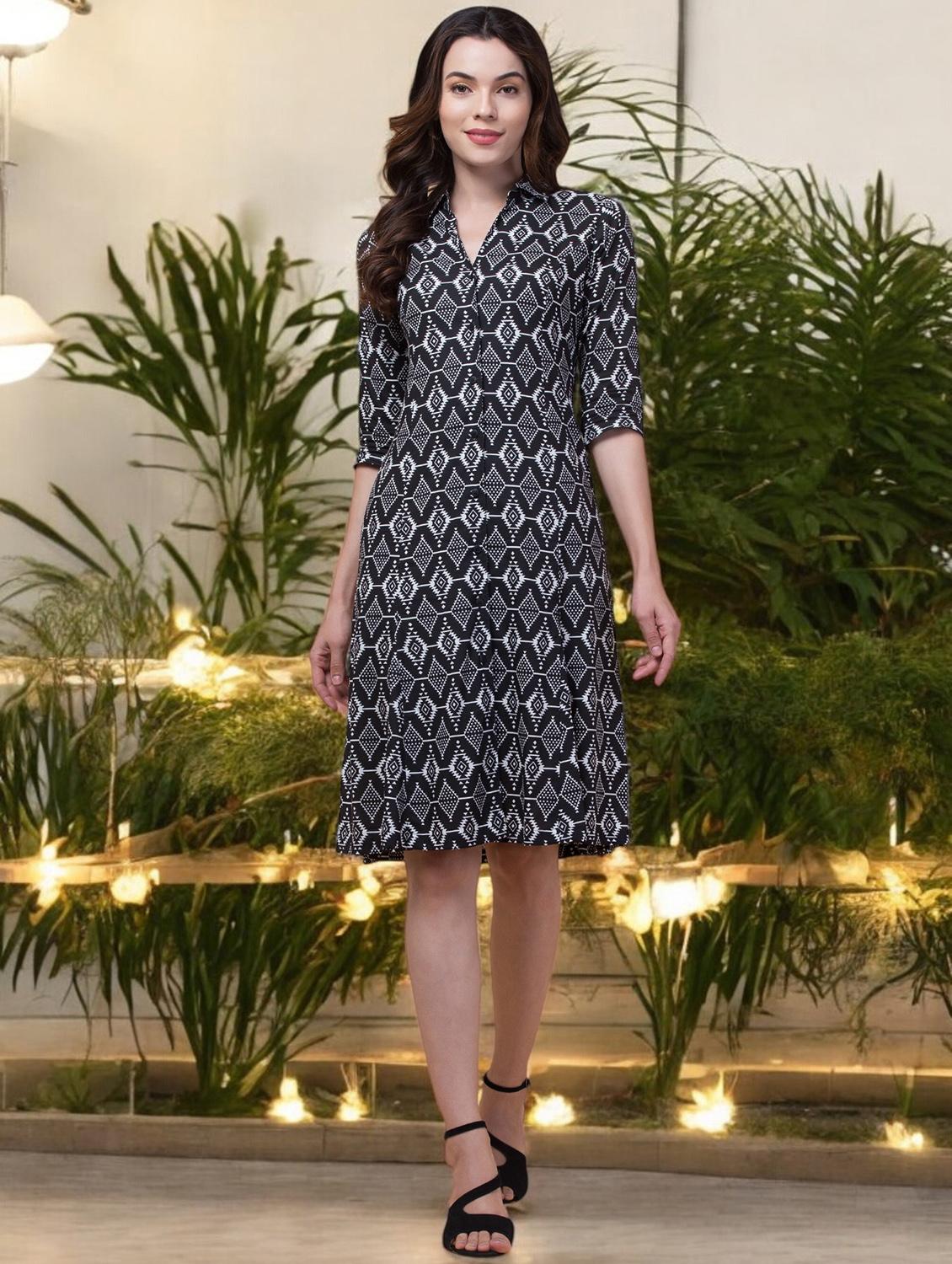 women printed collared a-line dress - 21916662 - Zoom Image - 0