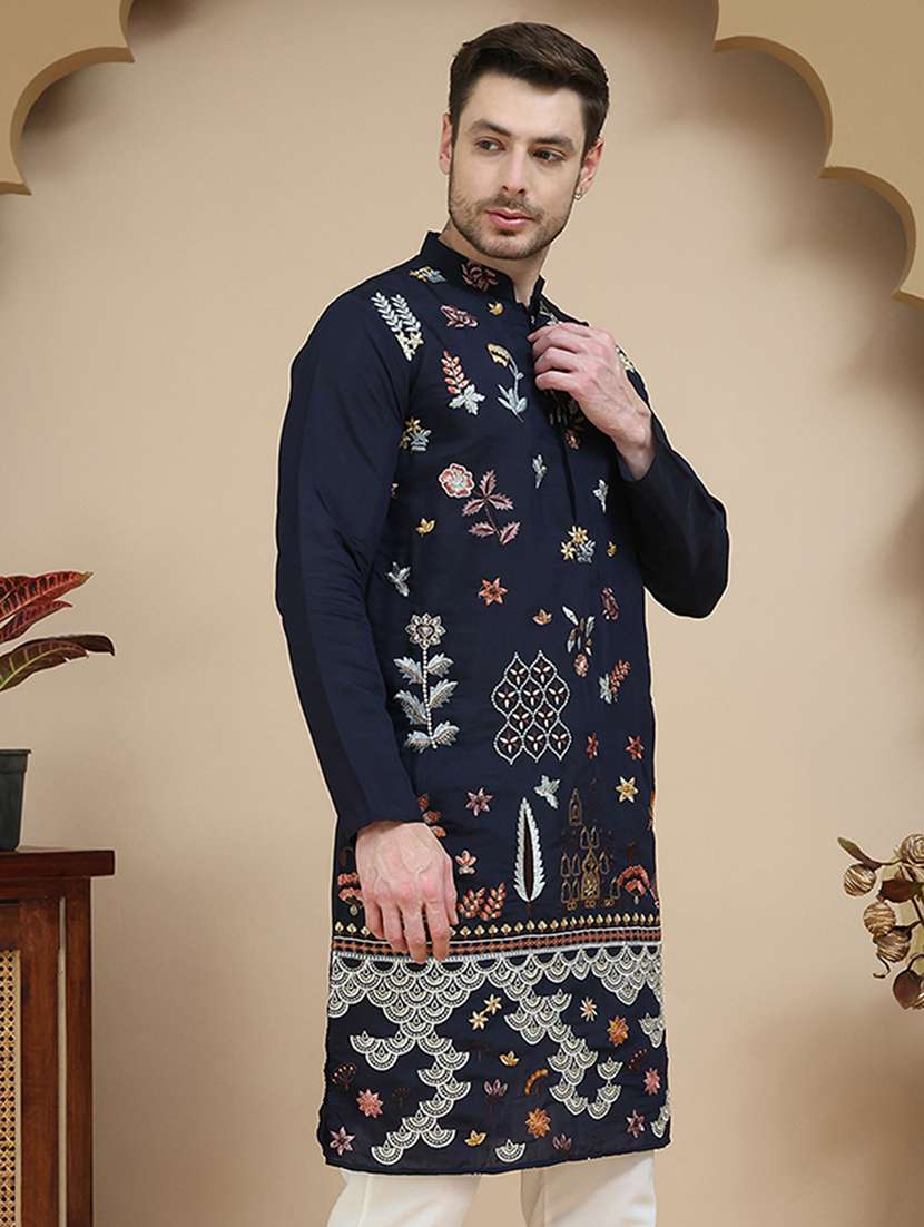 men embroidered mandarin neck long kurta - 21916678 -  Standard Image - 1