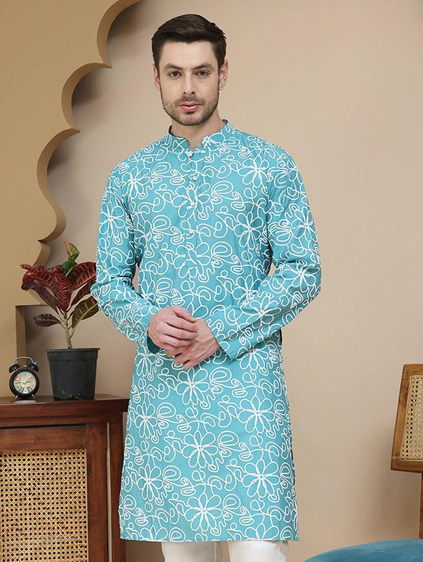 men printed mandarin neck long kurta