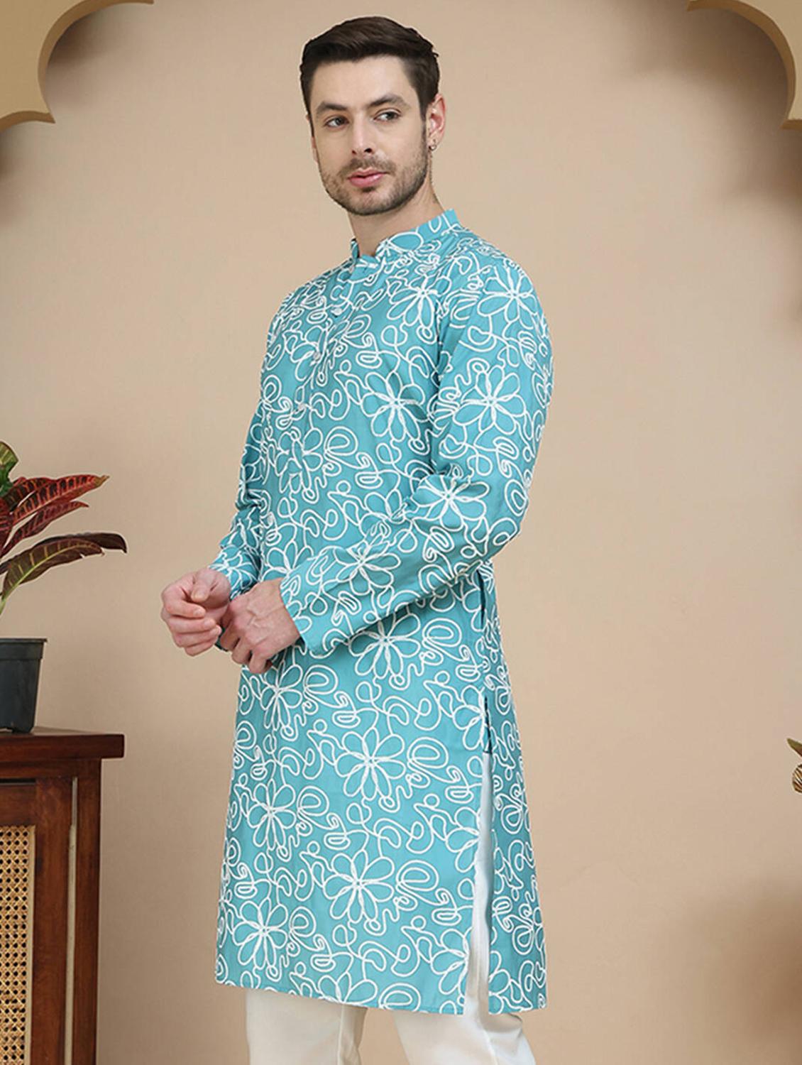men printed mandarin neck long kurta - 21916681 -  Standard Image - 1