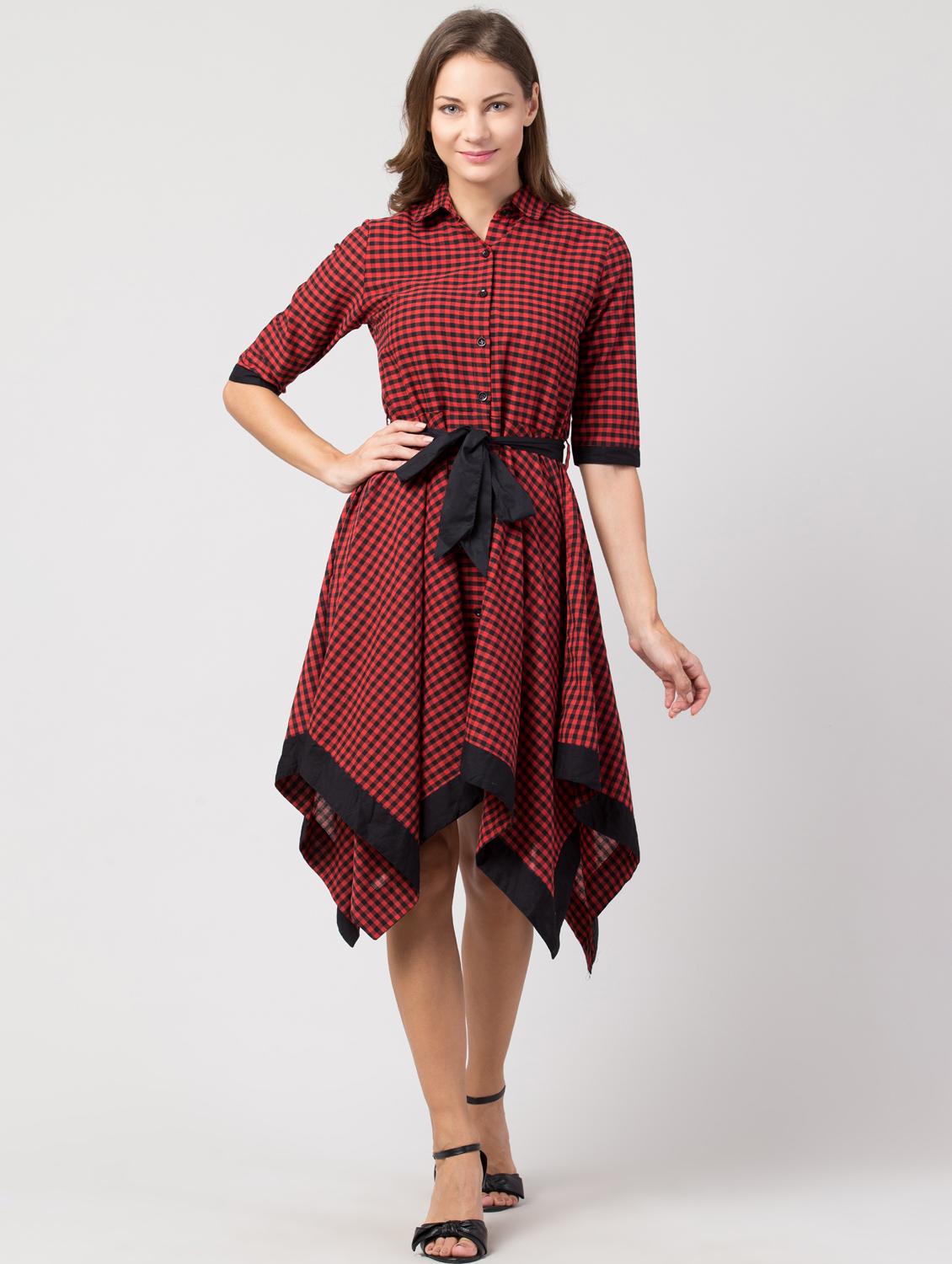 women checkered collared asymmetric dress - 21916685 - Zoom Image - 0