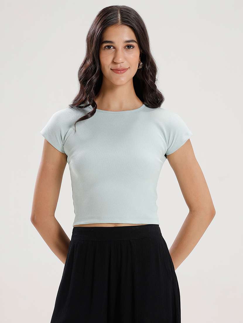 women light blue solid short sleeve crop top - 21916985 -  Standard Image - 1