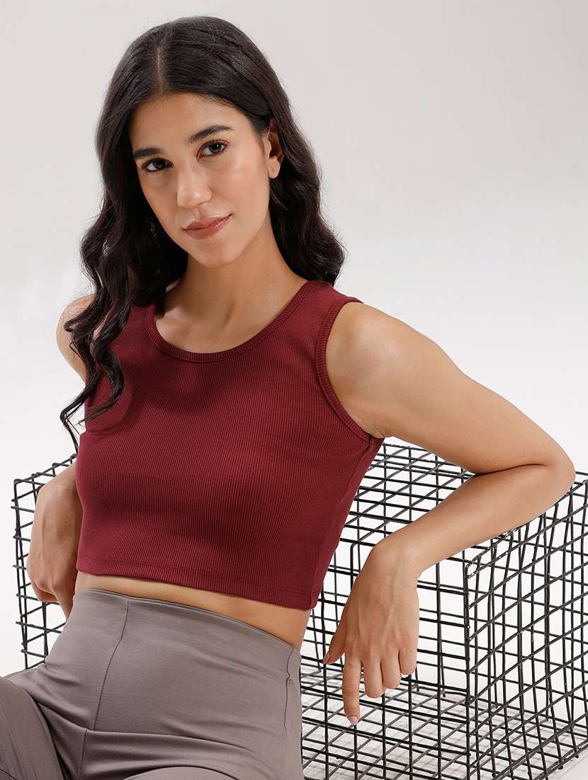 women maroon solid sleeveless crop top - 21916987 -  Standard Image - 1