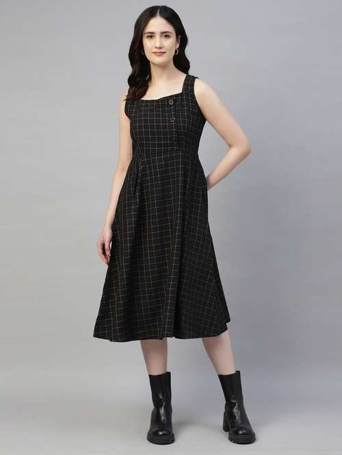 women checkered sleeveless fit & flare dress - 21917018 - Standard Image - 0