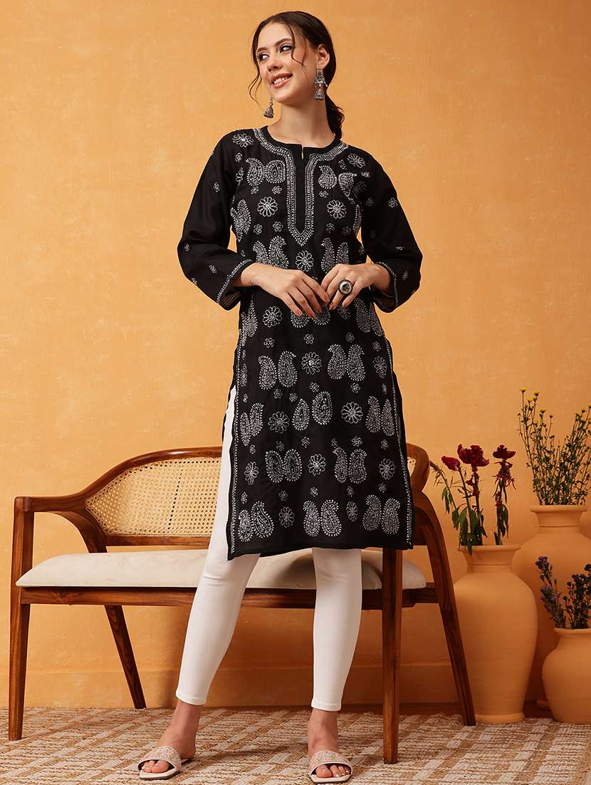 women chikankari long sleeve straight kurta