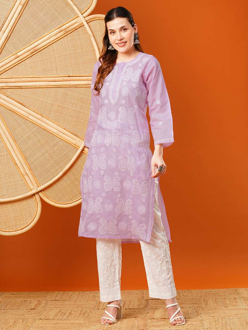 women chikankari long sleeve straight kurta - 21917082 -  Standard Image - 1