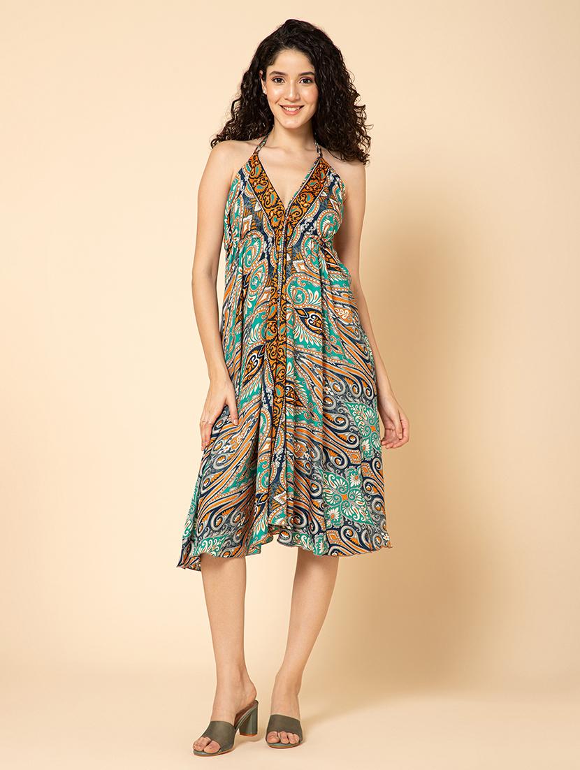 women printed hlater neck backless fit & flare dress - 21917153 - Standard Image - 1