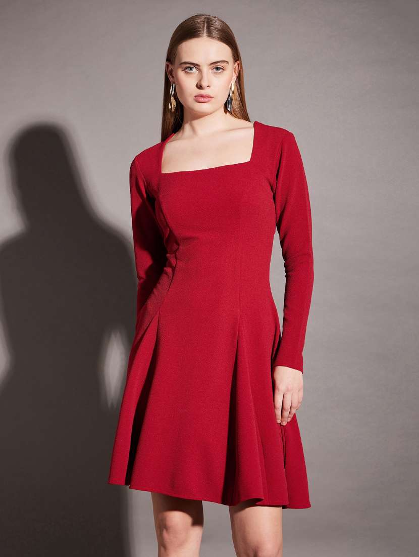 women solid long sleeves fit & flare dress