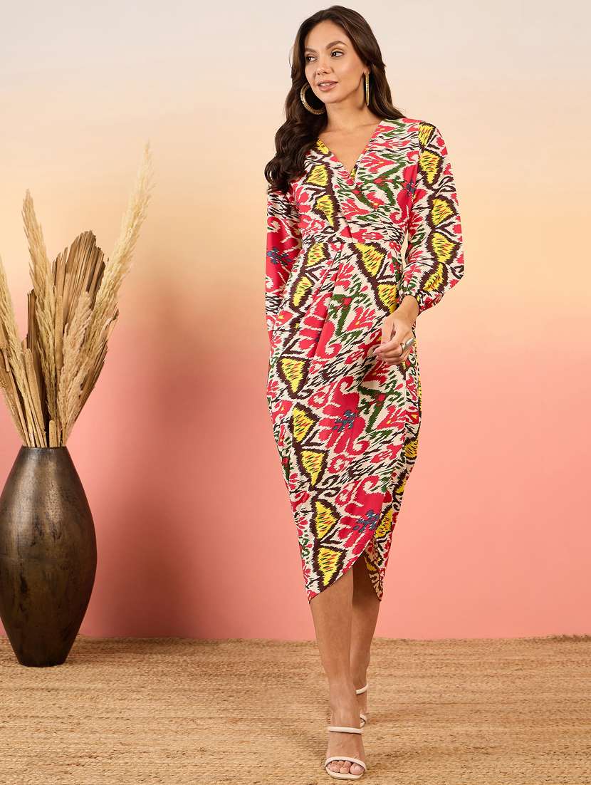 women printed puff sleeves asymmetric dress - 21917295 - Standard Image - 1