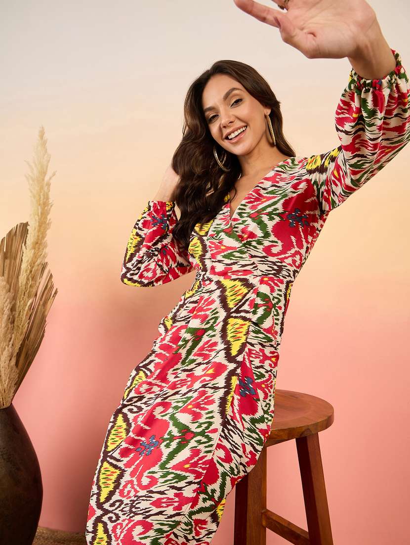 women printed puff sleeves asymmetric dress - 21917295 - Standard Image - 4