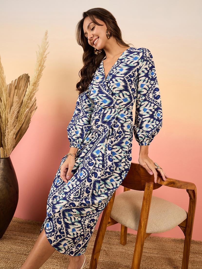 women printed puff sleeves asymmetric dress - 21917296 - Standard Image - 4