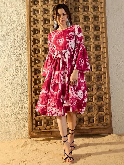 women tie & dye bell sleeves fit & flare dress - 21917324 - Standard Image - 0