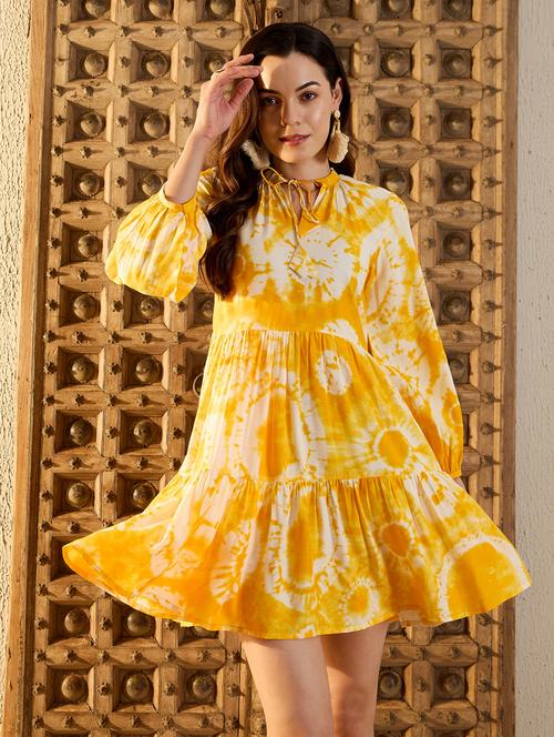 women tie & dye puff sleeves tiered dress - 21917340 - Standard Image - 0