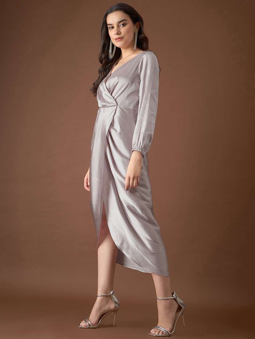 Women Solid Puff Sleeves Wrap Dress