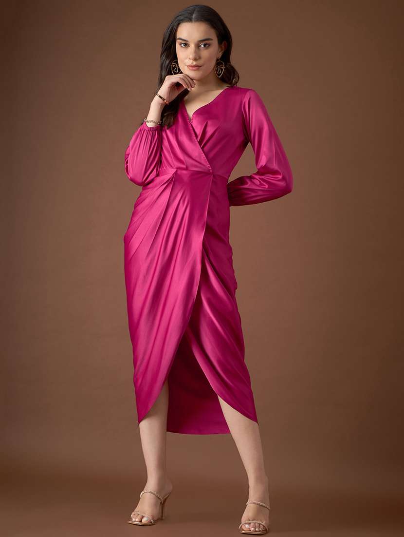 women solid puff sleeves wrap dress