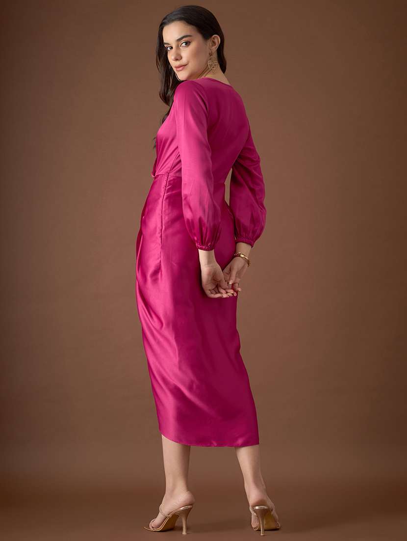 Women Solid Puff Sleeves Wrap Dress