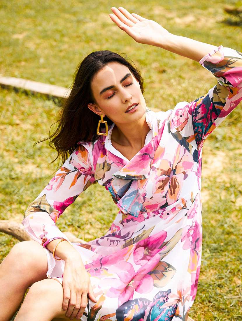 women floral print puff sleeves fit & flare dress - 21917385 - Standard Image - 4
