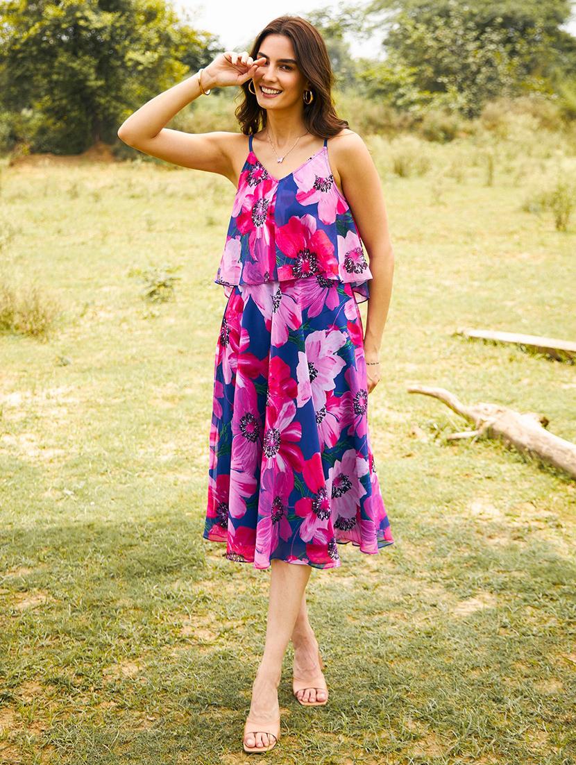 women floral printed shoulder strap fit & flare dress - 21917392 - Standard Image - 1
