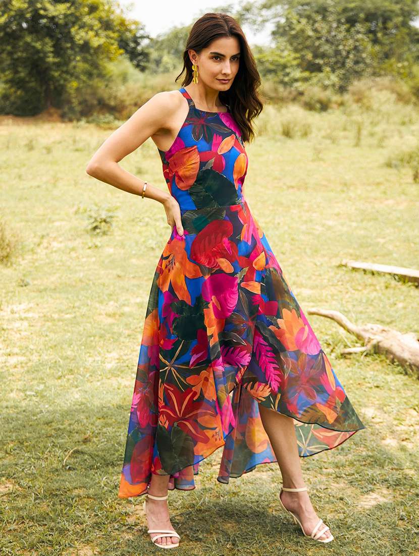 women printed halter neck backless high low dress