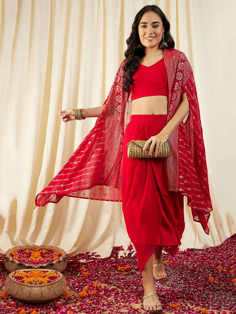 women printed dhoti blouse with shrug fusion set