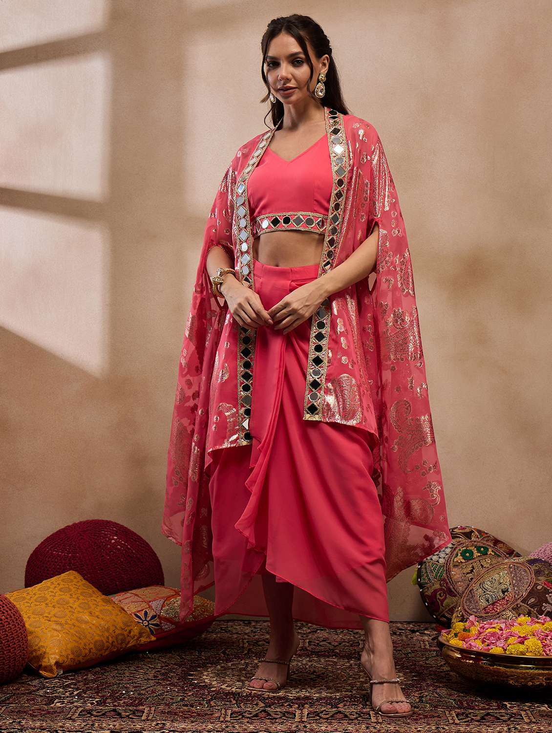 women printed dhoti blouse with shrug fusion set