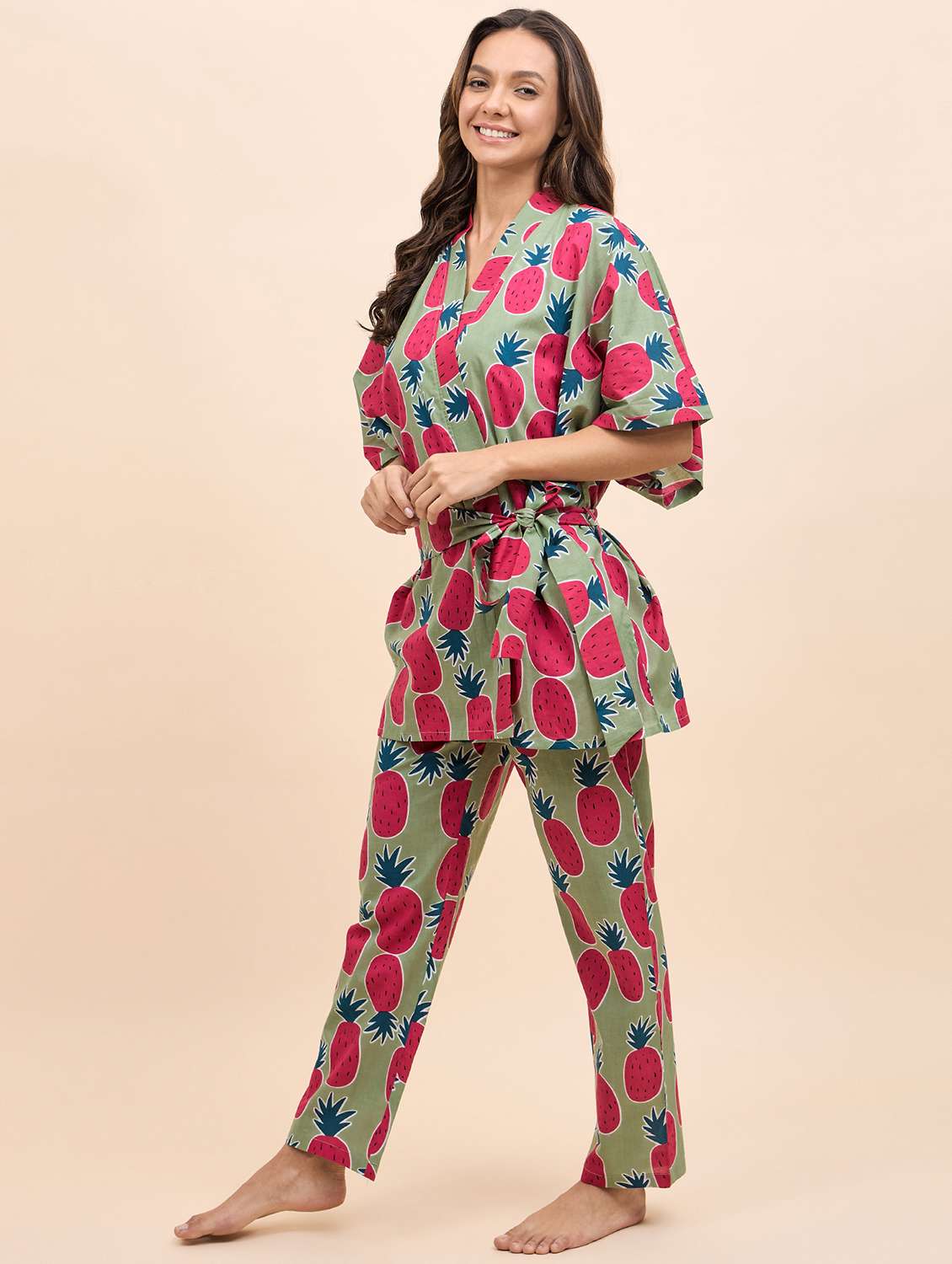women printed nightwear pyjama set with robe - 21917776 -  Standard Image - 1
