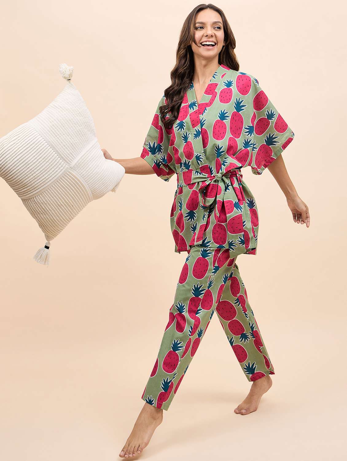 women printed nightwear pyjama set with robe - 21917776 -  Standard Image - 4